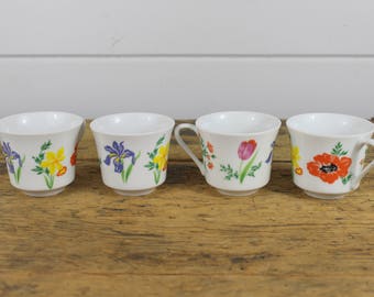 Collection 4 Vintage Coffee Mugs, Primavera Taste Setter by Sigma, 379, Made in Japan, White Floral Flowers, Vintage Mug Cup, Ceramic, Old