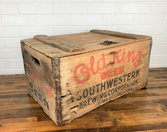 Antique Wood Old King Beer Crate Box with Hinged Lid Authentic VIntage
