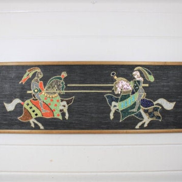3 Feet Wide Vintage Jousting Soldiers Gravel Art, Wielding Lances, Medieval Art, Framed Rock Art, Wall Hanging Artwork