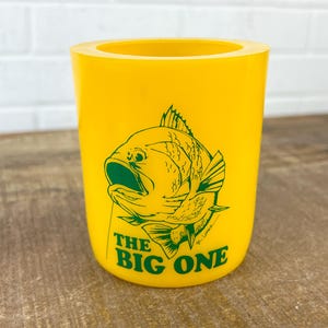 Vintage Yellow Rubber Fishing Koozie The Big One Bass Fishing Gift Beer Can Holder Fisherman Gift Vintage Fishing Decor