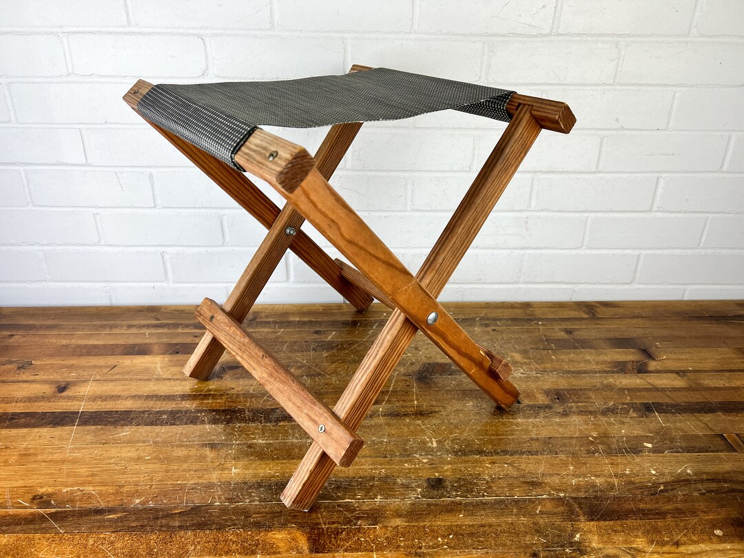 Vintage Wooden Folding Camping Stool With Black Tan Seat or Rustic