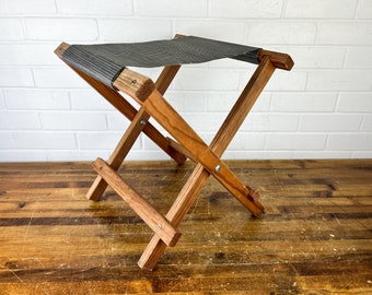 Vintage Wooden Folding Camping Stool with Black Tan Seat or Rustic Luggage Rack Cool Stool Vintage Camping Prop