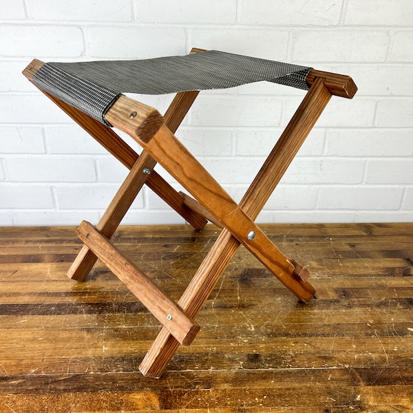 Vintage Wooden Folding Camping Stool with Black Tan Seat or Rustic Luggage Rack Cool Stool Vintage Camping Prop