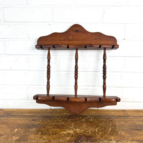 Vintage Wooden Spoon Rack | 12 Spoon Display Wall Holder | Dark Wood Souvenir Spoon Shelf | Rustic Kitchen Decor
