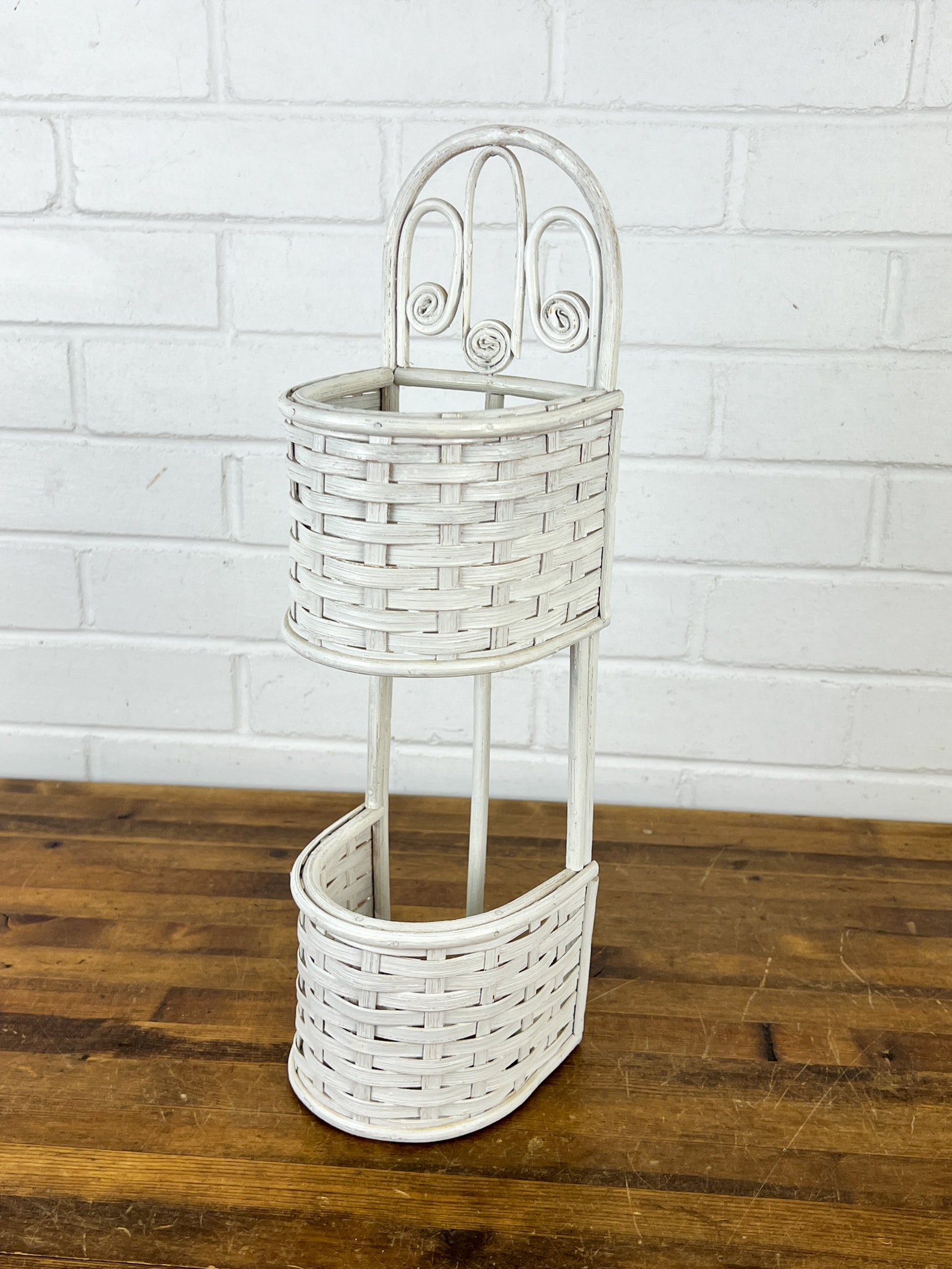 Small Vintage White Wicker Wall Shelf With 2 Pockets Hangs or Etsy