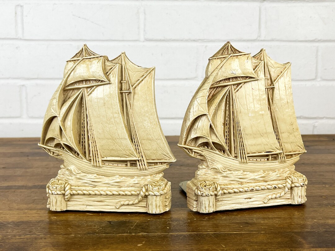 Pair of Vintage Ship Bookends Nautical Old Boat Shelf Decor Set of
