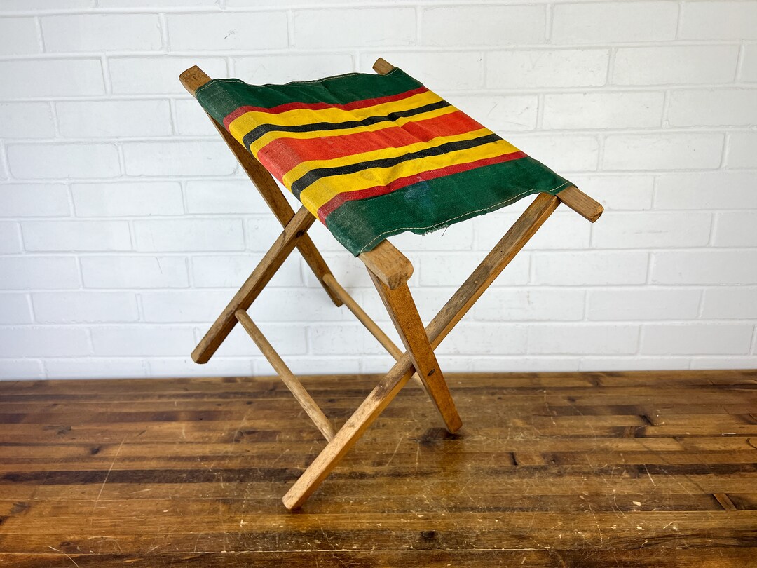 Vintage Wooden Folding Camping Stool With Stripes or Rustic Luggage