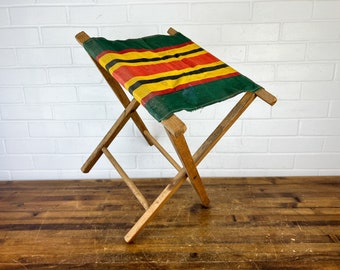 Vintage Wooden Folding Camping Stool with Stripes or Rustic Luggage Rack Green Red Yellow Striped Cloth Seat Cool Stool Camping Prop