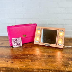Vintage Pink Mirror Go Lightly Beauty Mirror | Lighted Makeup Mirror with Case & Tag | 1970s Retro Glam Vanity