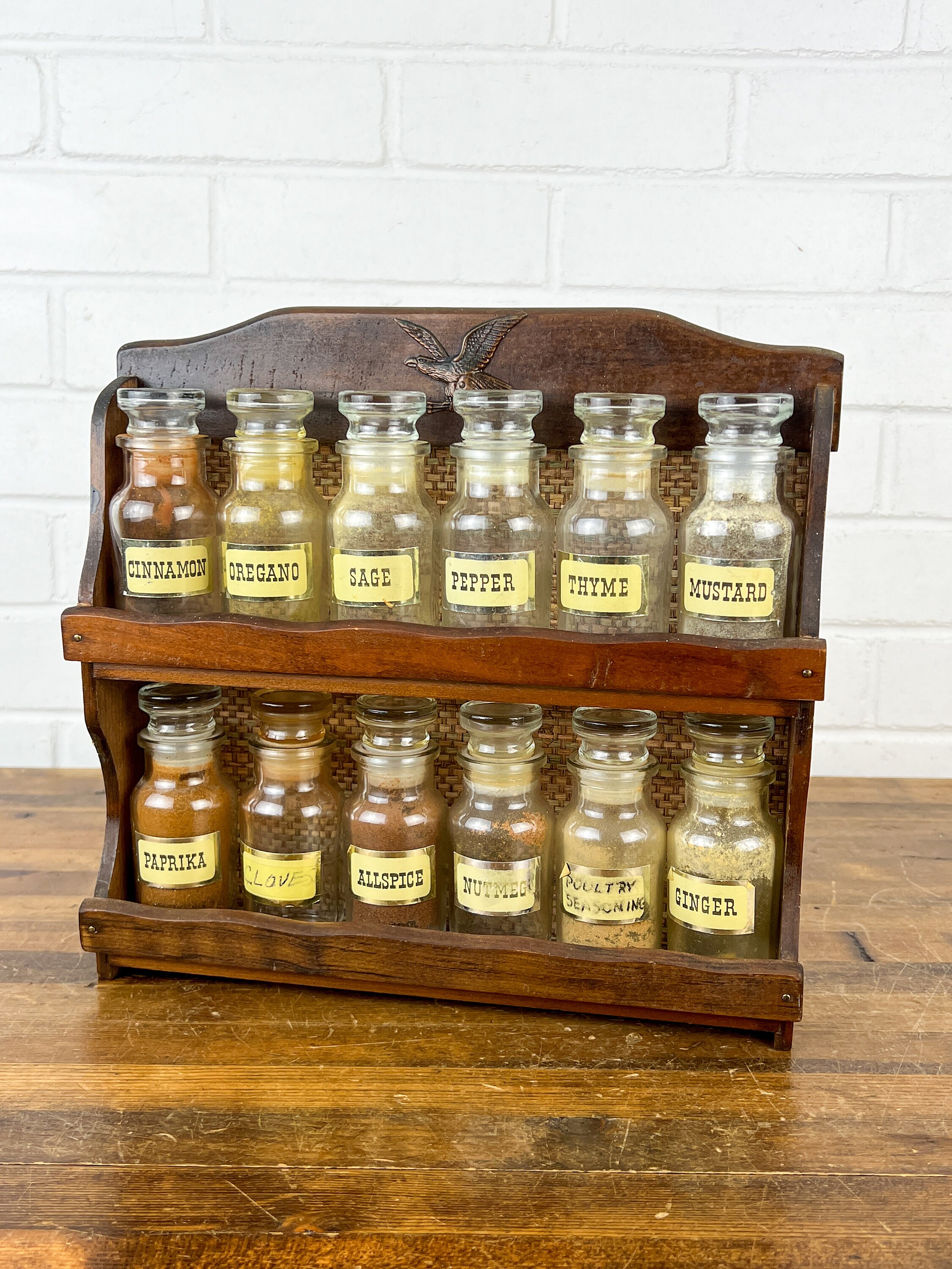 Vintage Wooden 2-Tier Spice Rack With 6 Milk Glass Spice Jars 10 1/2 H x  7 W