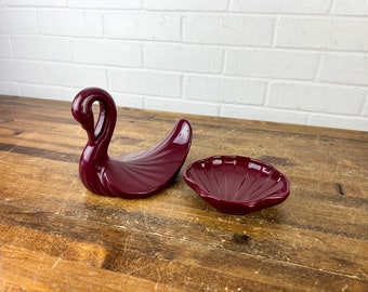 1980s Vintage Maroon Swan Pfaltzgraff Bathroom Hand Towel Holder and Soap Dish Soap Holder for Bathroom Sink Bathroom Decor