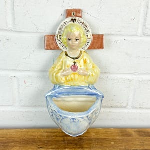 Vintage 1980 Handmade Ceramic Holy Water Font – Hand Painted Religious Wall Font with Cross and Sacred Heart