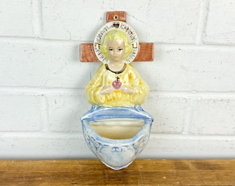 Vintage Hand-Painted Ceramic Holy Water Font – Religious Wall Decor