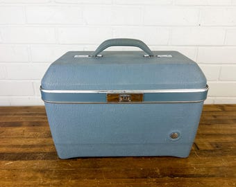 Vintage Distressed Blue Train Case with Textured Plastic, Mirror & Silver Accents