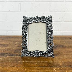 Vintage Pewter Picture Frame • Embossed Flowers & Leaves • Holds 3.5&quot; x 5&quot; Photo with Glass Insert
