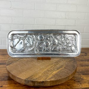 17&quot; Wide Vintage Decorative Tray with Fruit Stamped Into the Metal Wide Silver Metal Tray Pears Blackberries Peach Tabletop Decor