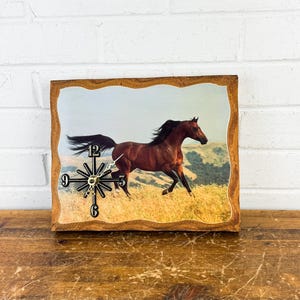 Vintage Arabian Horse Wall Clock | Rustic Wood Plaque Clock | Running Horse Decor | 1980s Quartz Battery Clock | Equestrian Wall Art