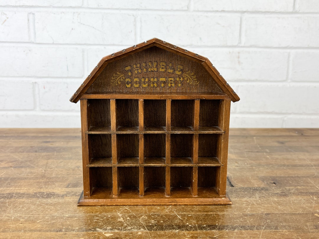 1970s Small Vintage Wood Thimble Display Wall Shelf With Cubbies for