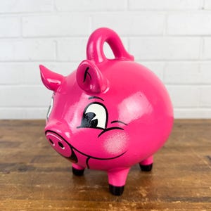 Vintage Hand Painted Pink Piggy Bank – Ceramic Smiling Pig Coin Bank Made in Mexico American Merchants