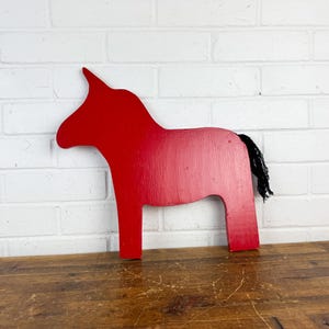 Vintage Red Wooden Dala Horse Cutout with Black Yarn Tail – Swedish Folk Art or Folk Donkey