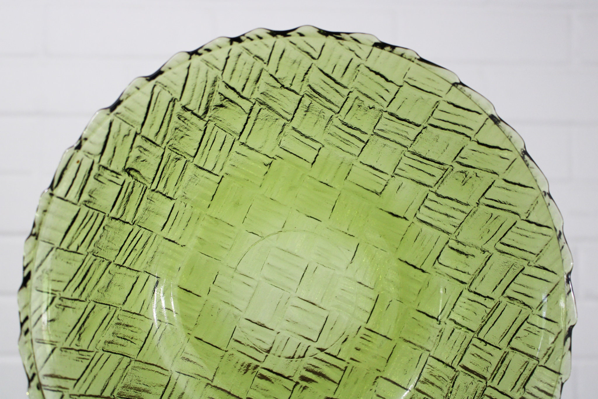 Vintage Avocado Green Glass Basket Weave Bowl 9 Inches Etsy