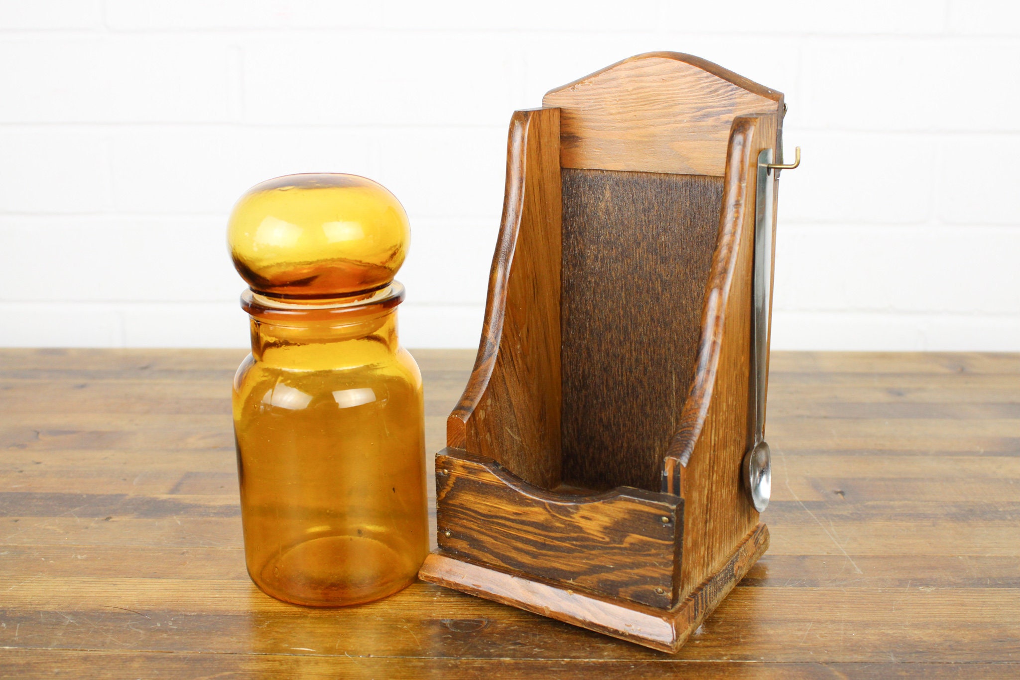 Hanging Vintage Amber Glass Jar With Wooden Holder and Spoon 