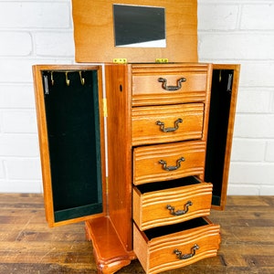14 Vintage Brown Wood Jewelry Box Hutch With Doors Necklace Hanger Old ...