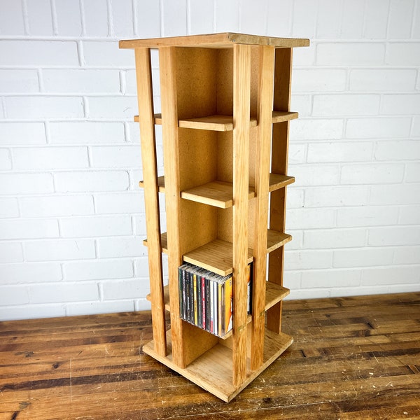 Rotating Vintage Napa Valley Wood CD Holder for 200 CDs Tall Large CD Storage Rack 1990s Prop
