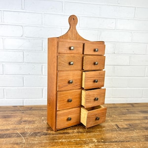 Vintage Wooden 10 Drawer Cabinet | Small Brown Wall or Countertop Organizer | Rustic Apothecary Style Storage Box