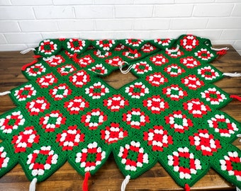 50" Handmade Vintage Granny Square Crochet Christmas Tree Skirt Red Green White Traditional Cozy Holiday Decor Large Tree Skirt Not Pattern