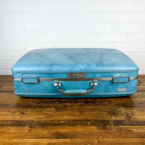 Vintage American Tourister Hard-Sided Blue Suitcase with Combination Lock & Retro Interior