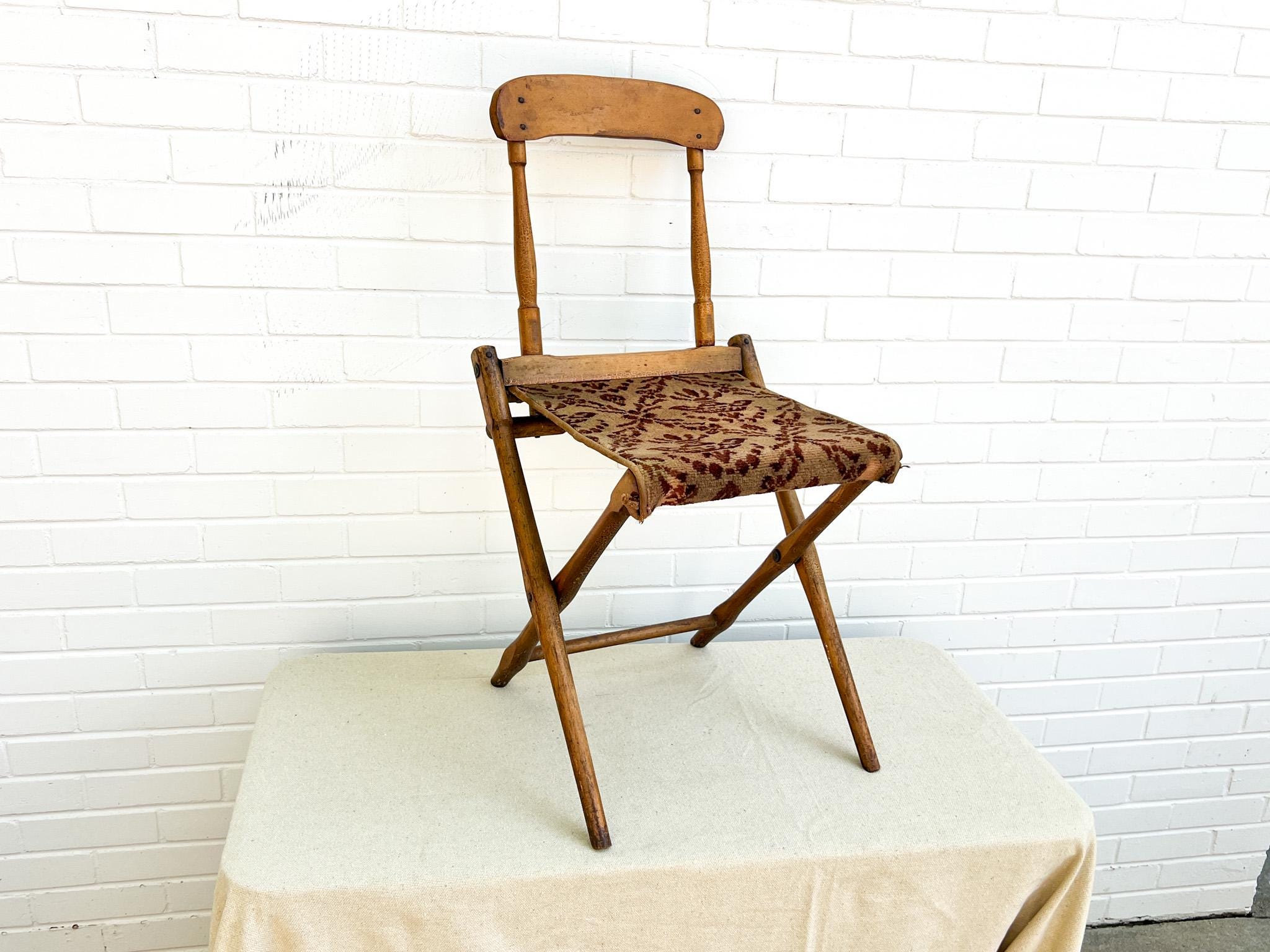 Antique Civil War Folding Camp Chair – 1800s Wooden Field Chair