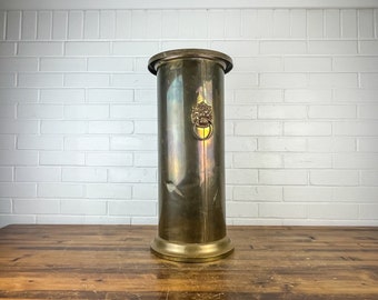 22" Tall Vintage Brass Vessel Umbrella Stand with Lion Heads Large Tall Brass Cylinder