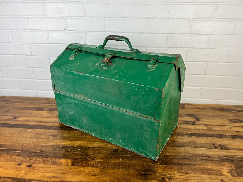 Large Vintage Green Metal Tool Box With 2 Trays XL Distressed Etsy