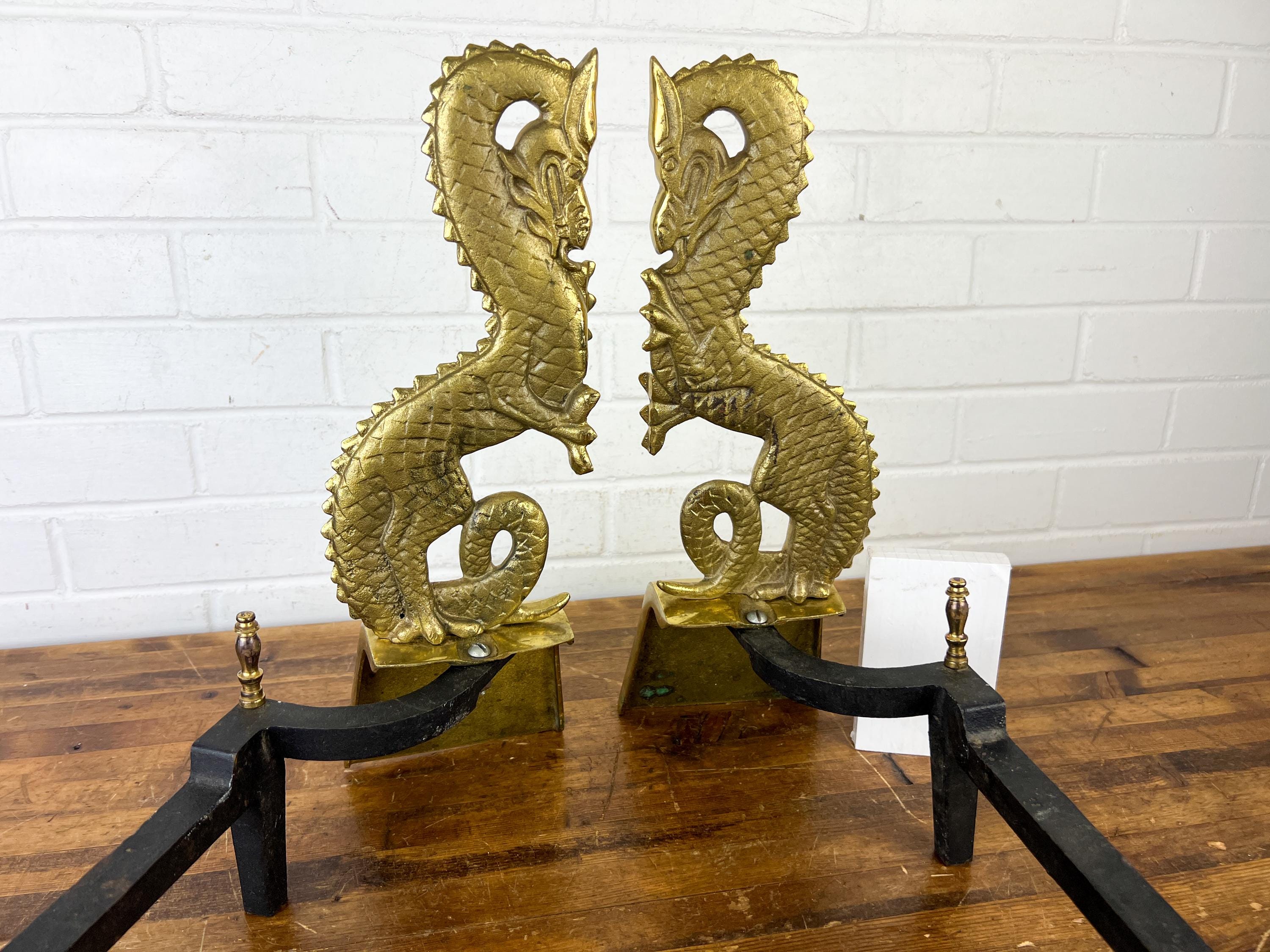Vintage Asian-themed Brass Dragon & Cast Iron Fireplace Andirons