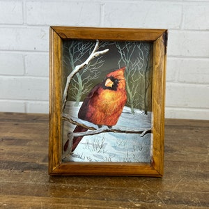 Vintage Red Cardinal Foil Art Print in Frame Framed Red Bird Wall Art Cardinal in Tree Winter Scene with Snow