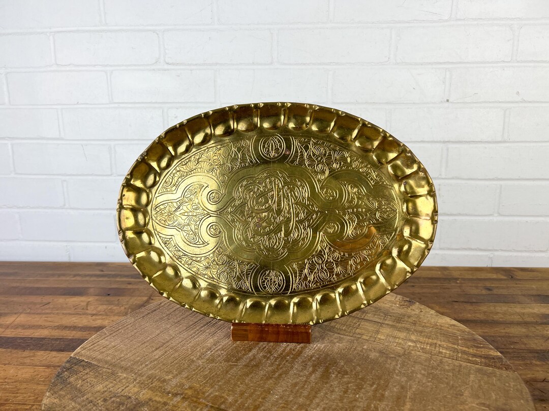 Vintage Golden Brass Tray With Etched Design Industrial Gold Decorative ...