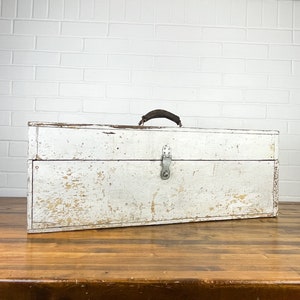 Large Distressed White Wood Tool Box with Two Compartments Vintage Wooden Tool Chest Storage Crate XL Industrial Decor Storage
