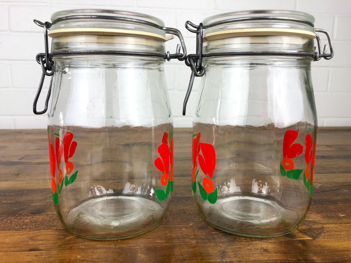 2 Matching Vintage Carlton Glass Jars with Attached Lid in Red Etsy