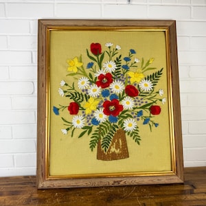 Large Vintage Framed Crewel Embroidery Wildflower Art – Colorful Handmade Floral Needlework
