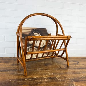 Vintage Rattan Magazine Rack | 1970s Boho Bamboo Record Holder | Wicker Vinyl Storage Basket | Mid Century Boho Decor