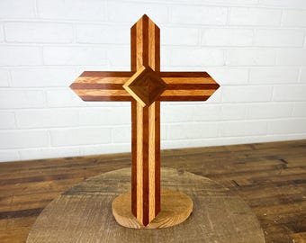 Handmade Vintage Wooden Wall Cross with Striped & Diamond Pattern – Signed by Artist