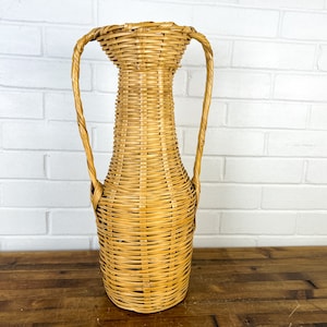 29&quot; Tall Wicker Vase Wood Wicker Vase with Handles Decorative Beige Brown Wooden Vase for Floor or Tabletop