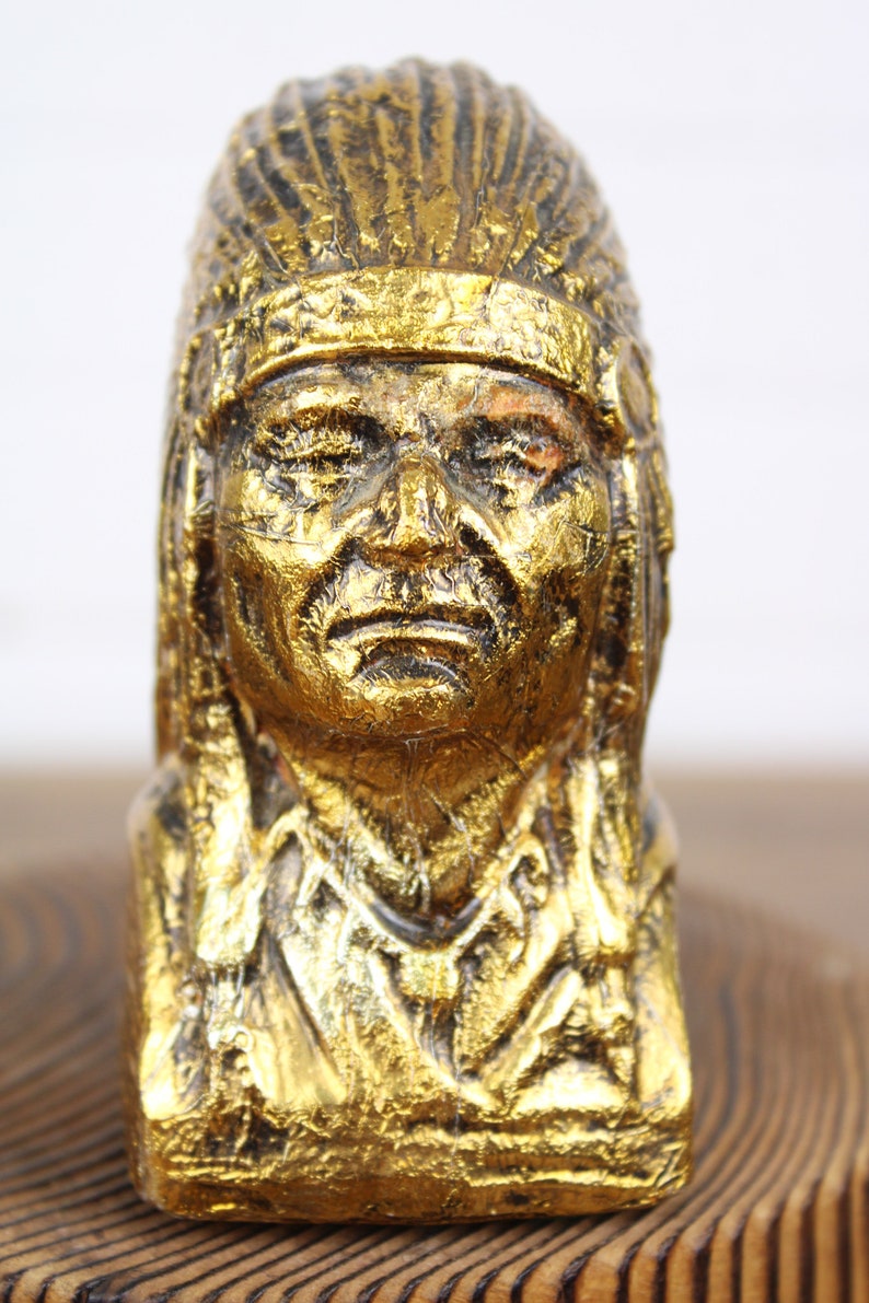 Small Vintage American Indian Bust Souvenir Wood Covered in Gold Foil