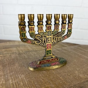 Vintage Miniature Brass Menorah – “Shalom” and “Jerusalem” Design – Speckled Colorful Paint – Ornate Judaica Collectible
