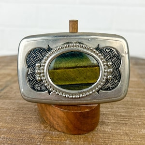 Vintage Silver Metal Belt Buckle with Faux Green Stone Center – Lightweight with Wear