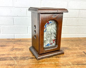 Vintage Wooden Candle Lantern Serenity Prayer Hinged Glass Panel Dark Wood Box Candle Holder