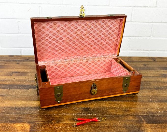 12x6 Vintage Cedar Wood Box With Lid Handles Feet Gold Metal Accents