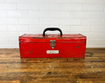 Distressed Vintage Red Metal Toolbox with Tray Old Tool Box