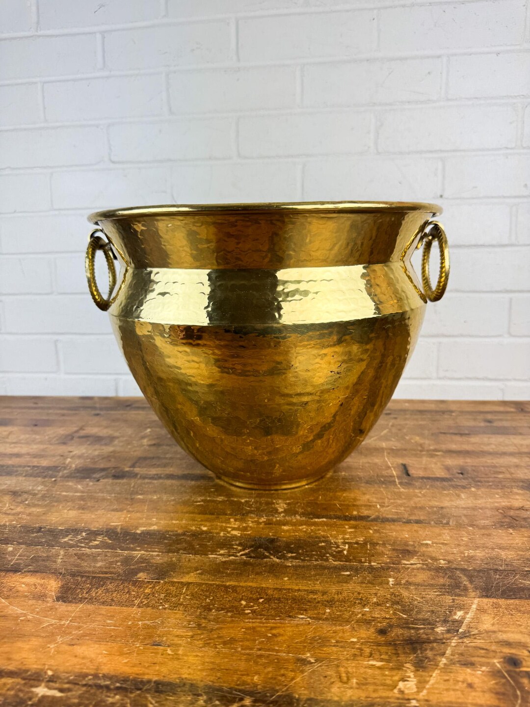 Vintage Hammered Brass Container With Handles – Golden Brass Bowl Made ...